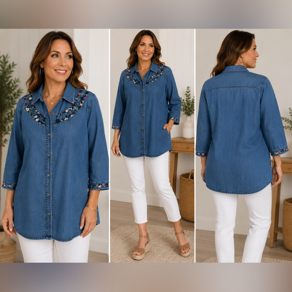 Floral Denim Shirt Jacket - Blue with Embroidered Trim